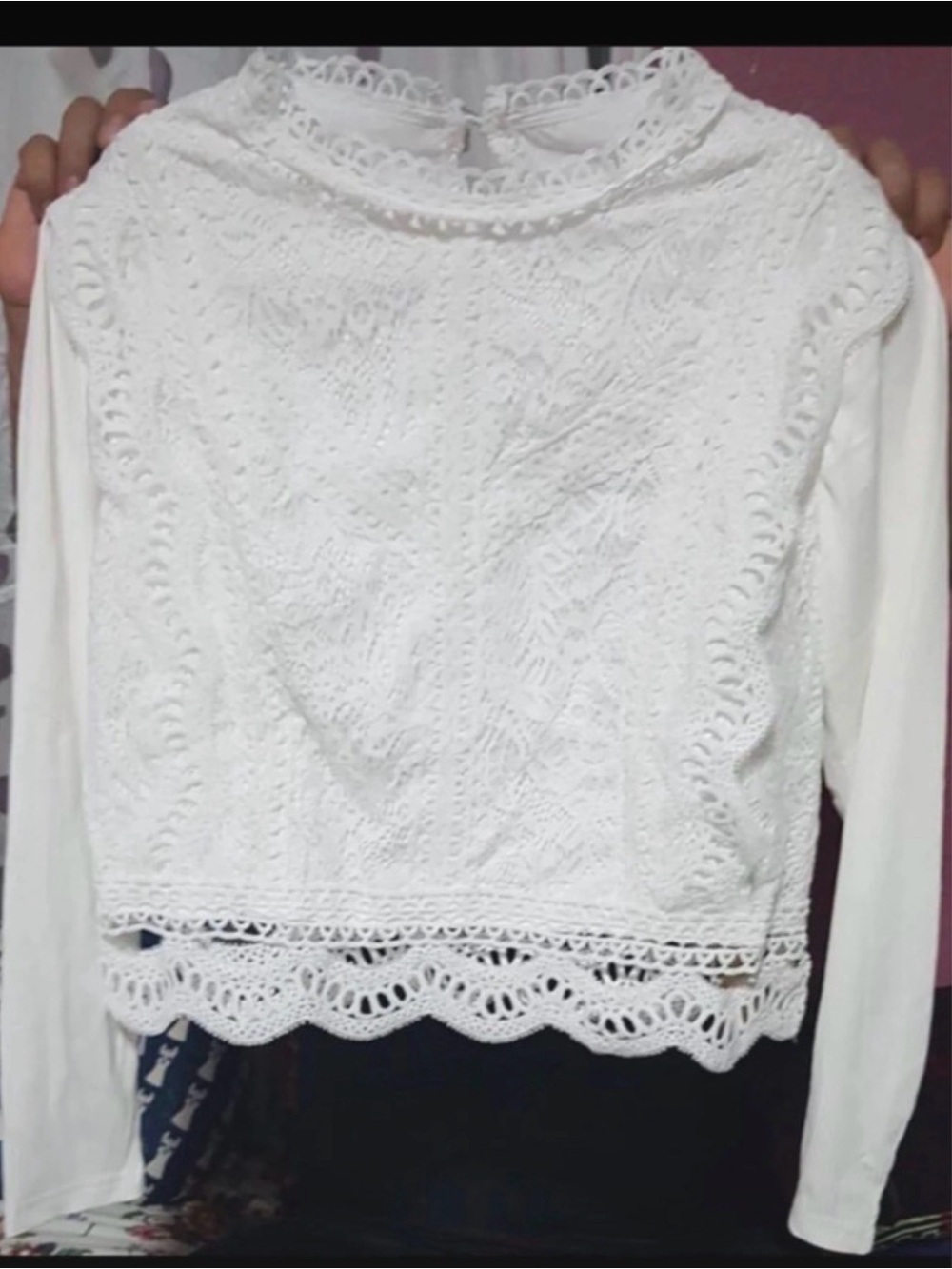 SHEIN White Crochet Lace Long-Sleeve Top